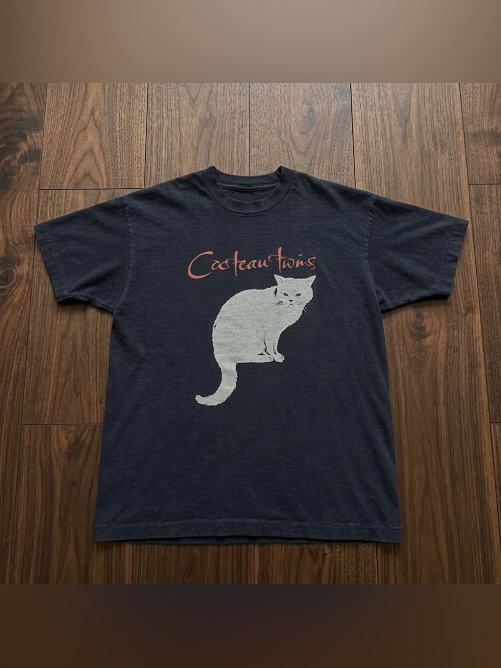 Gildan Navy Teal Cat Graphic Tee with Pink Script - Cocteau Twins